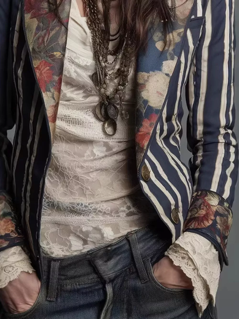 Striped Floral Contrast Slim Fit Blazer, image 5