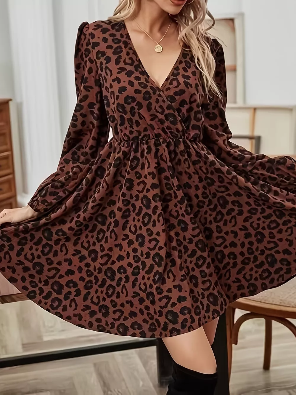 Leopard Print V-Neck Long Sleeve Mini Dress, image 4