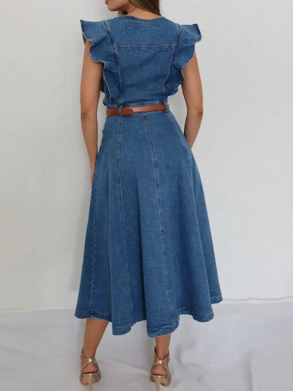 Button-Front Ruffle Sleeve Denim Midi Dress, image 4