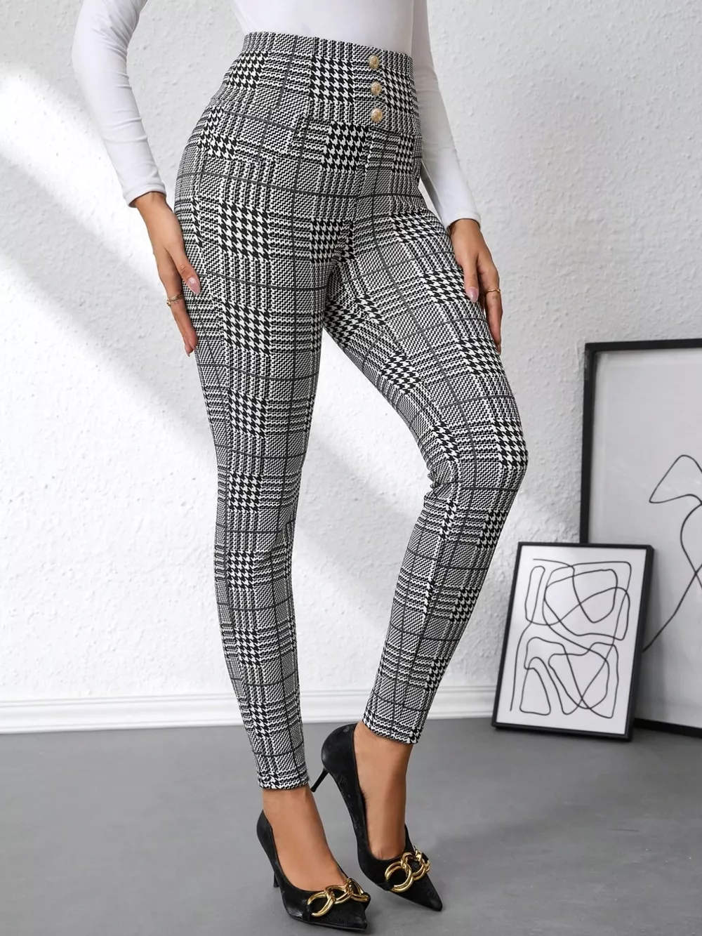 High Waist Plaid Slim Fit Pants, image 4
