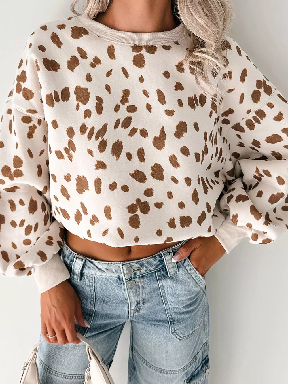 Leopard Print Dropped Shoulder Round Neck Casual Sweatshirt