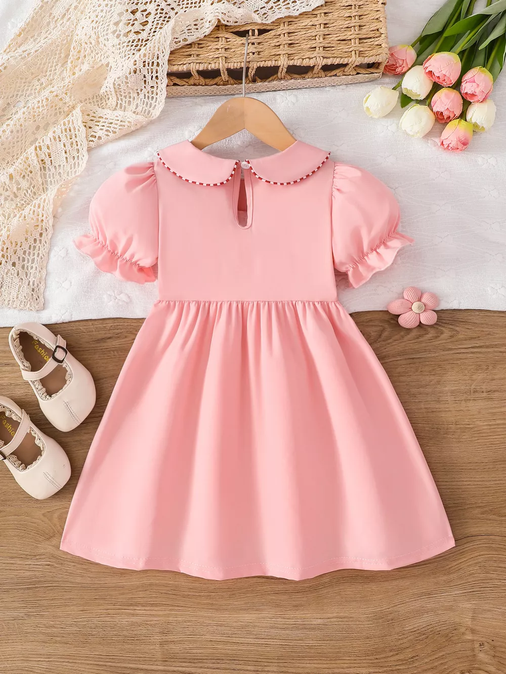 Children's Smocked ABC Apple Embroidered Peter Pan Collar Dress, image 5