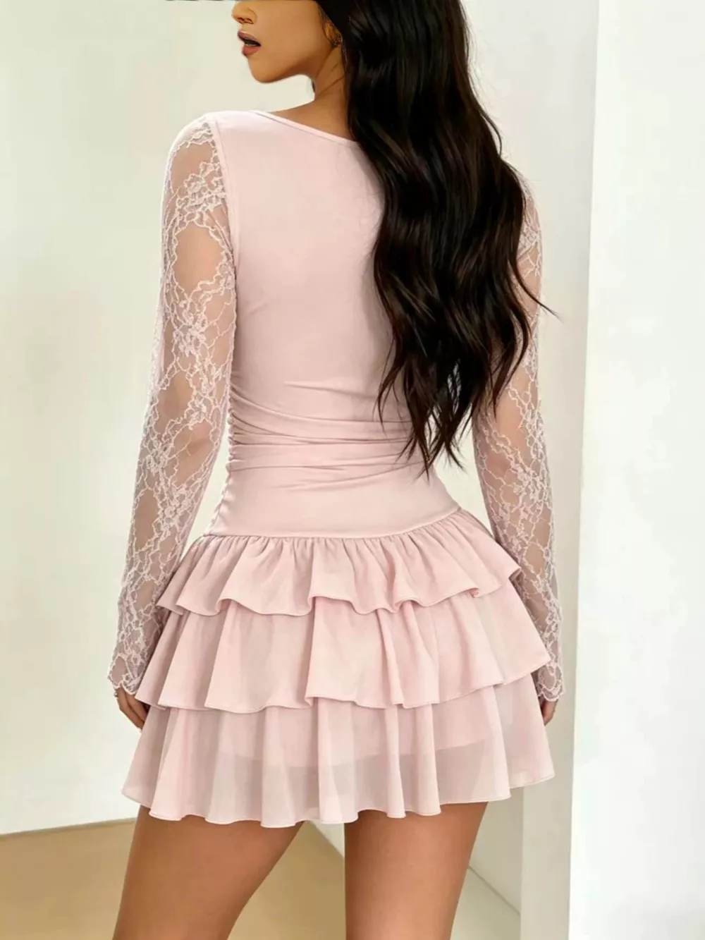 Lace Sleeve Ruffle Layered Mini Dress, image 3