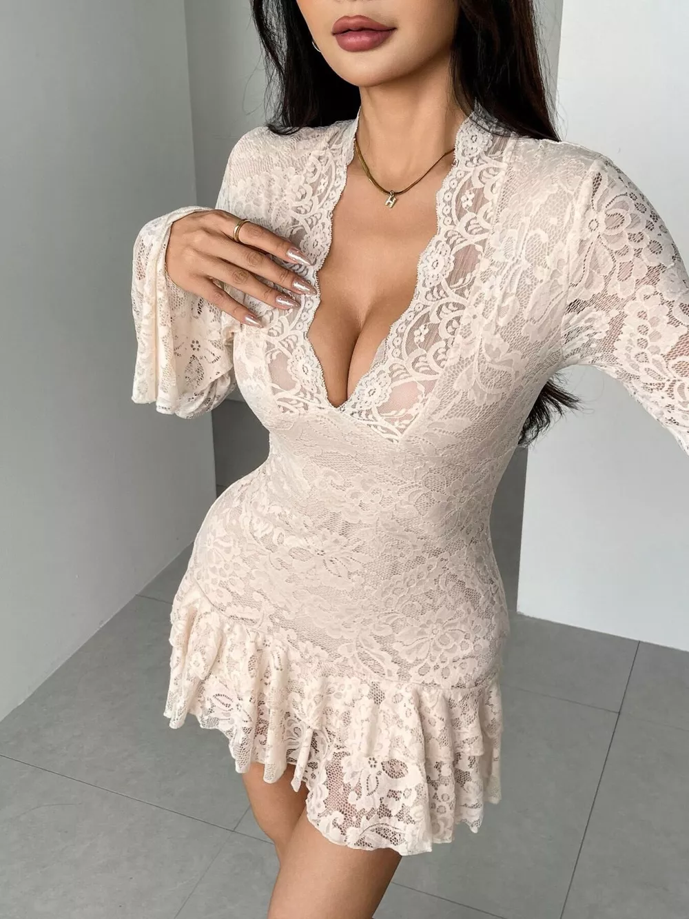 Lace Ruffle Hem Mini Dress, image 4