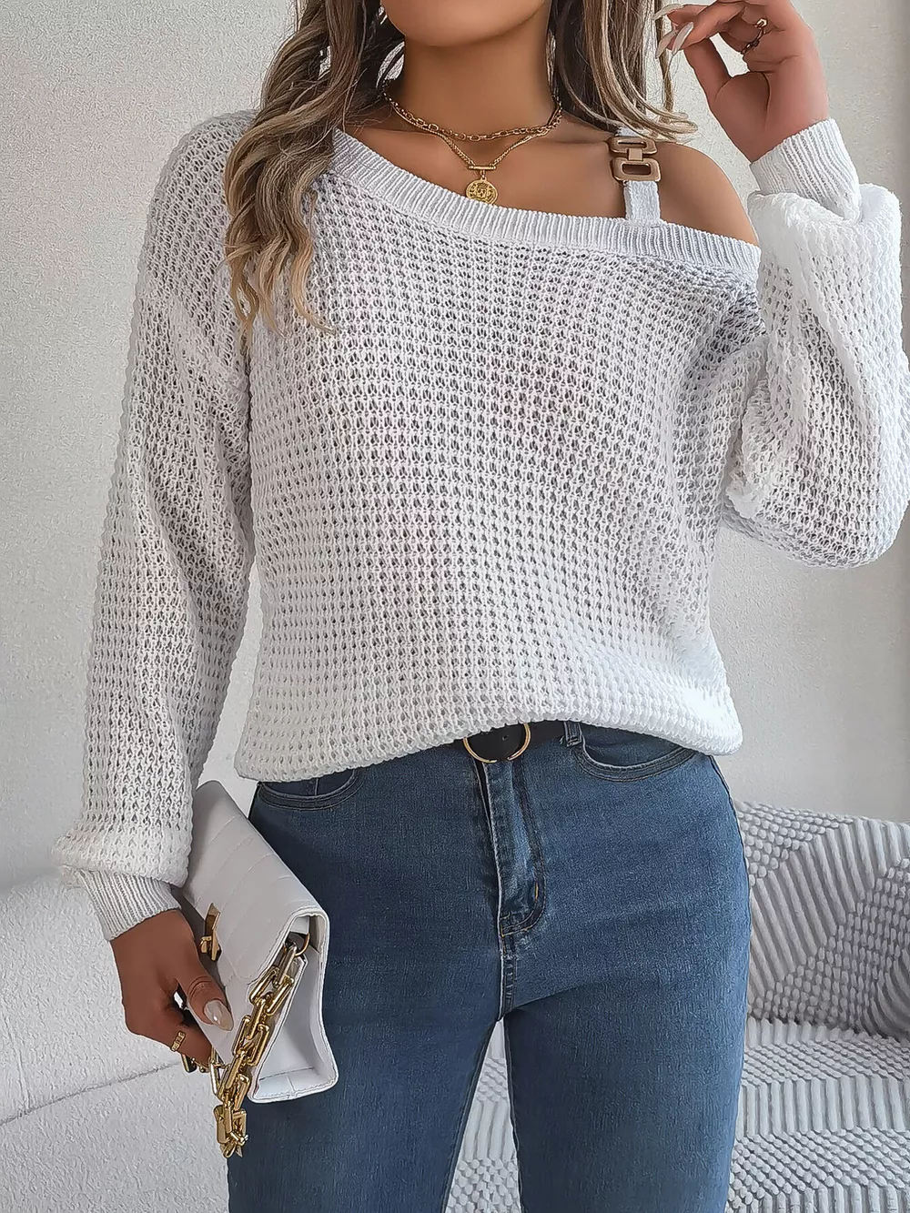 Asymmetrical Neck Long Sleeve Sweater, image 22