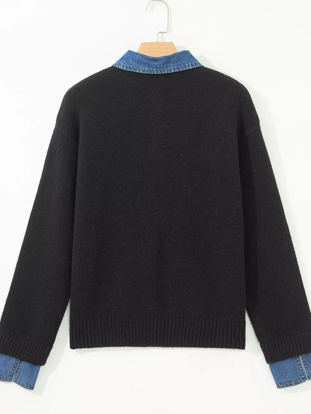 Denim Patchwork Collar Cuffed Casual Sweater, image 8