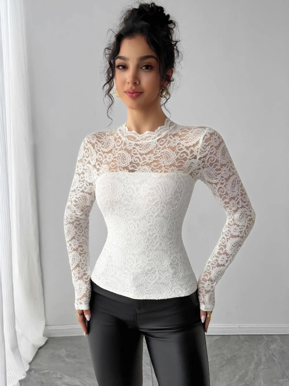 Zip Back Long Sleeve Lace Top, image 3