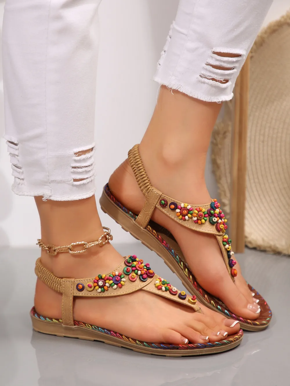 Colorful Beaded T-Strap Flat Sandals, image 5