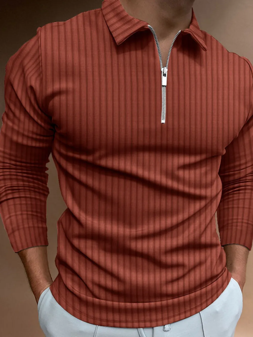 Men's Full Size Zip Detail Long Sleeve Polo Plus Size