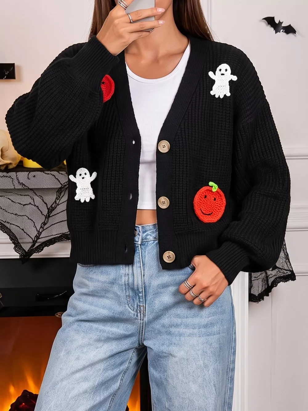Halloween Pumpkin and Ghost Applique Knit Cardigan, image 3