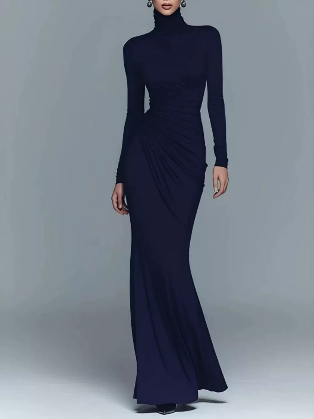 Turtleneck Long-Sleeve Ruched Maxi Dress, image 2