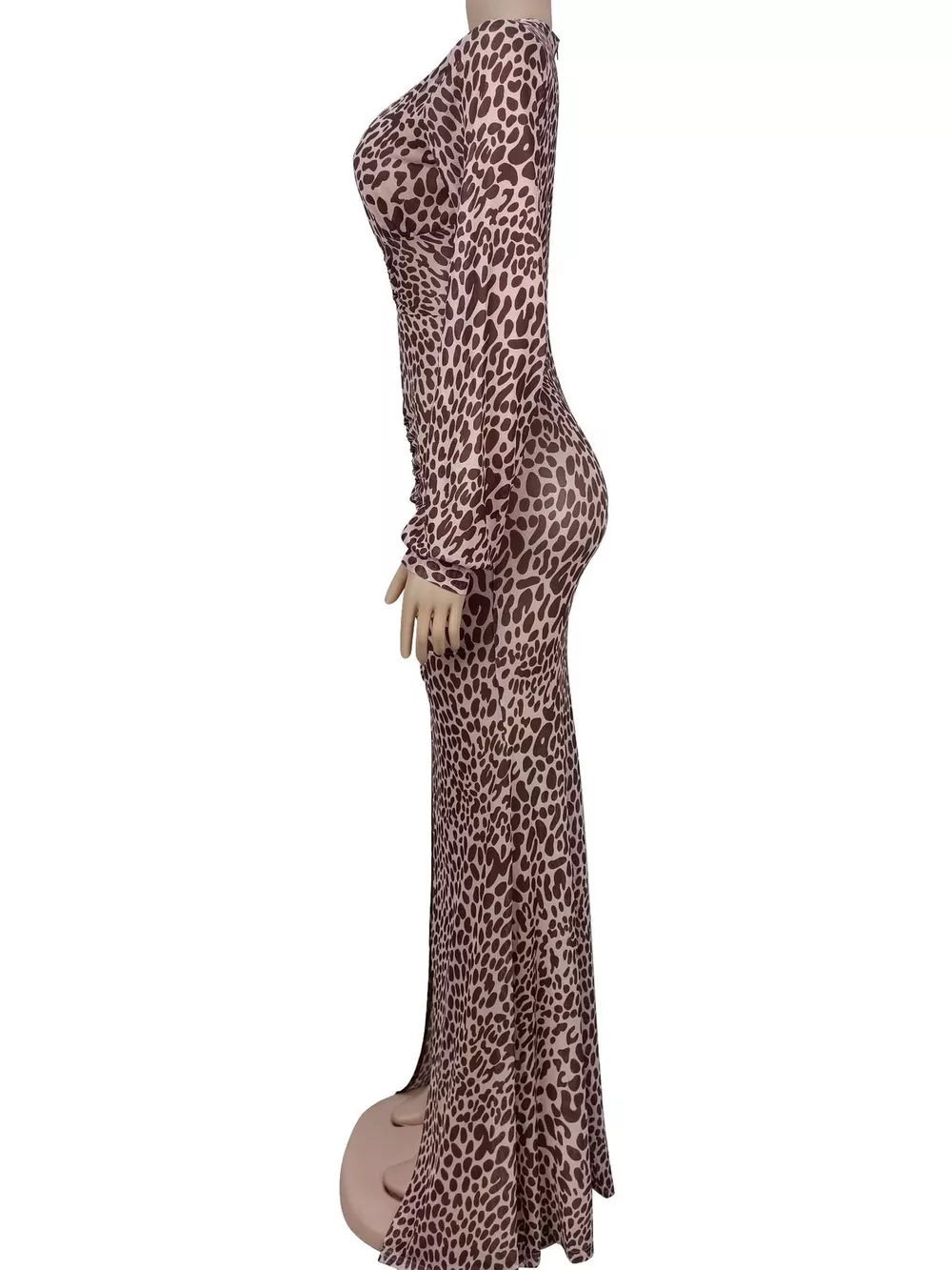 Leopard Print Deep V-Neck Long Sleeve High Slit Maxi Dress, image 4
