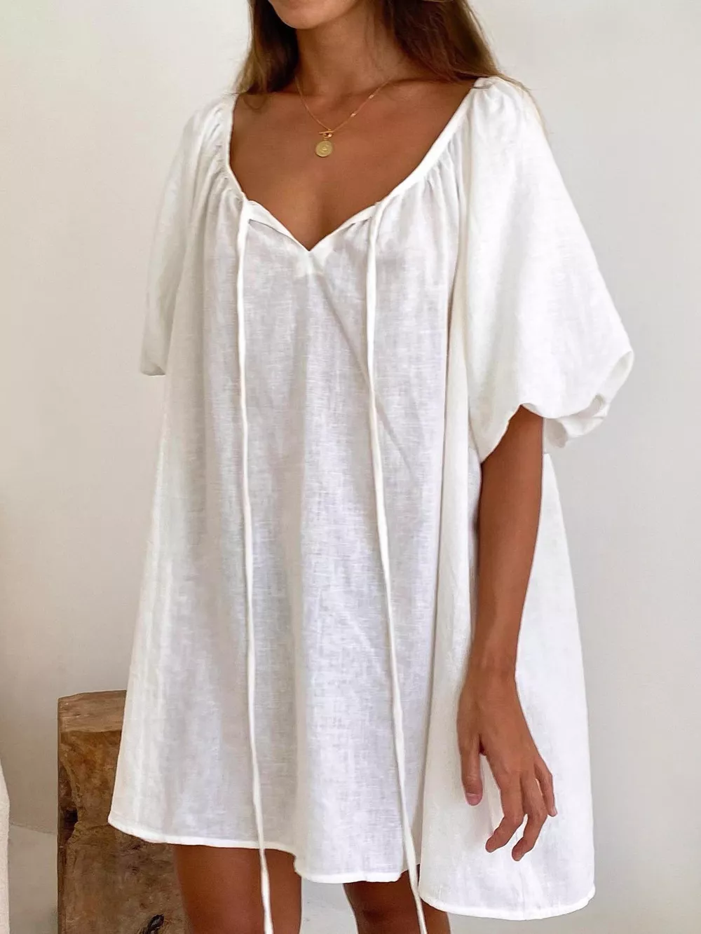 Tie Neck Puff Sleeve Lounge Dress, image 2