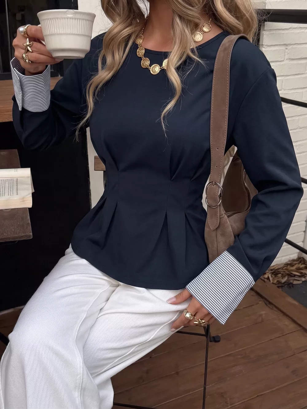 Round Neck Peplum Top with Striped Cuffs, image 4