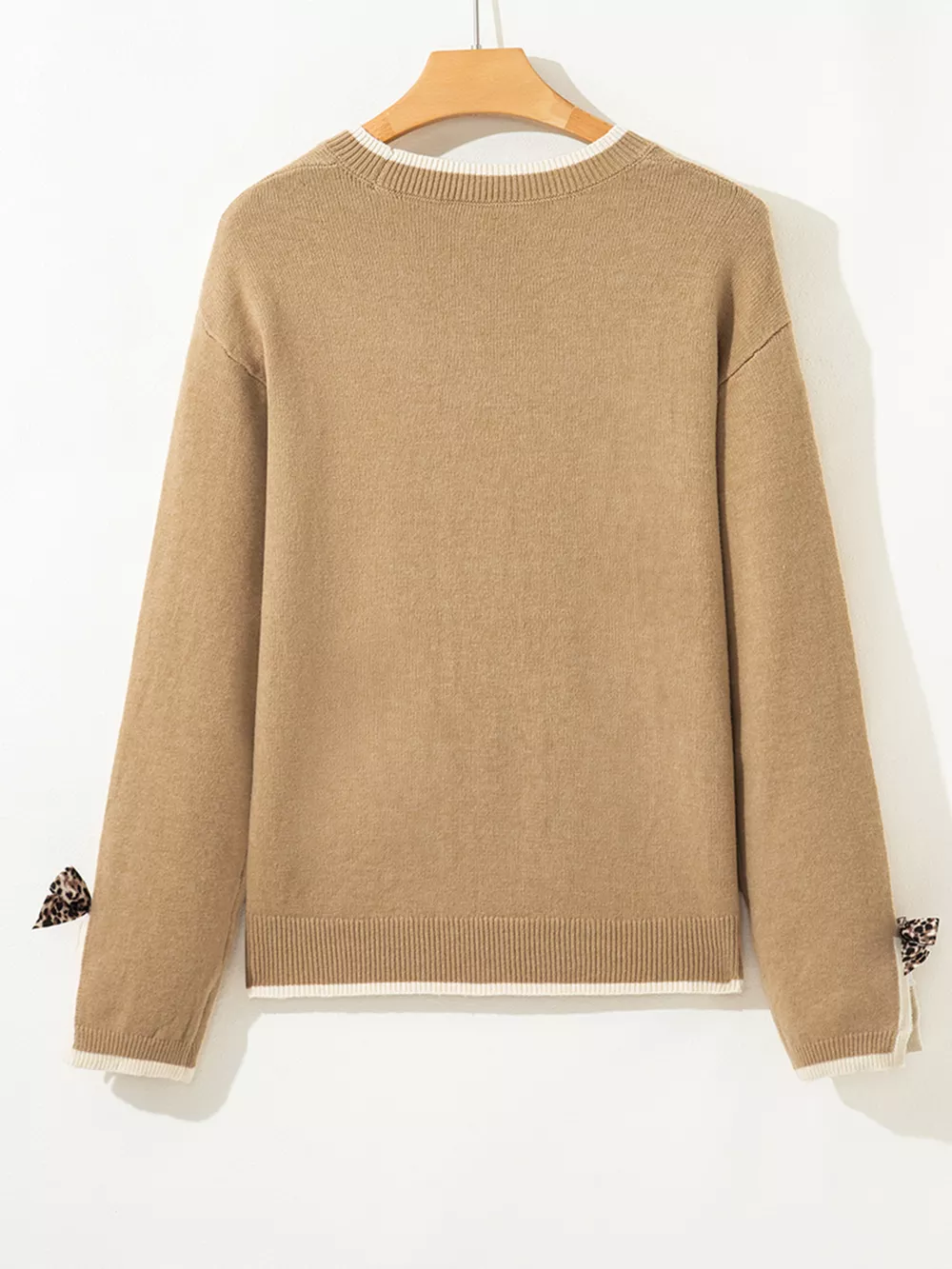 Leopard Bow Decor Split Cuff Contrast Trim Sweater, image 11