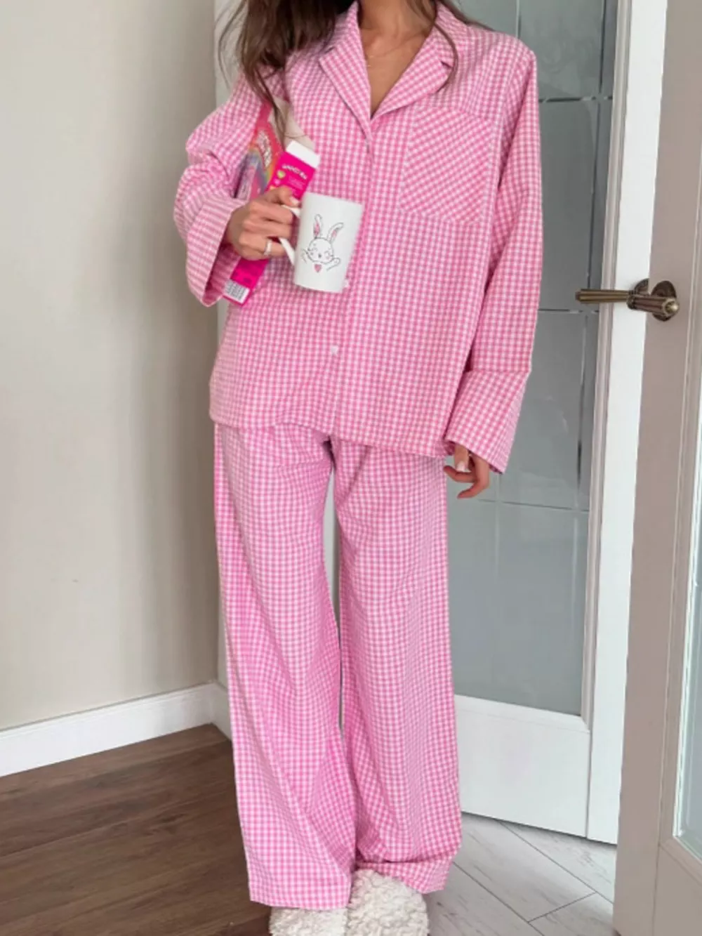 Gingham Button-Down Top and Pants Loungewear Set, image 3