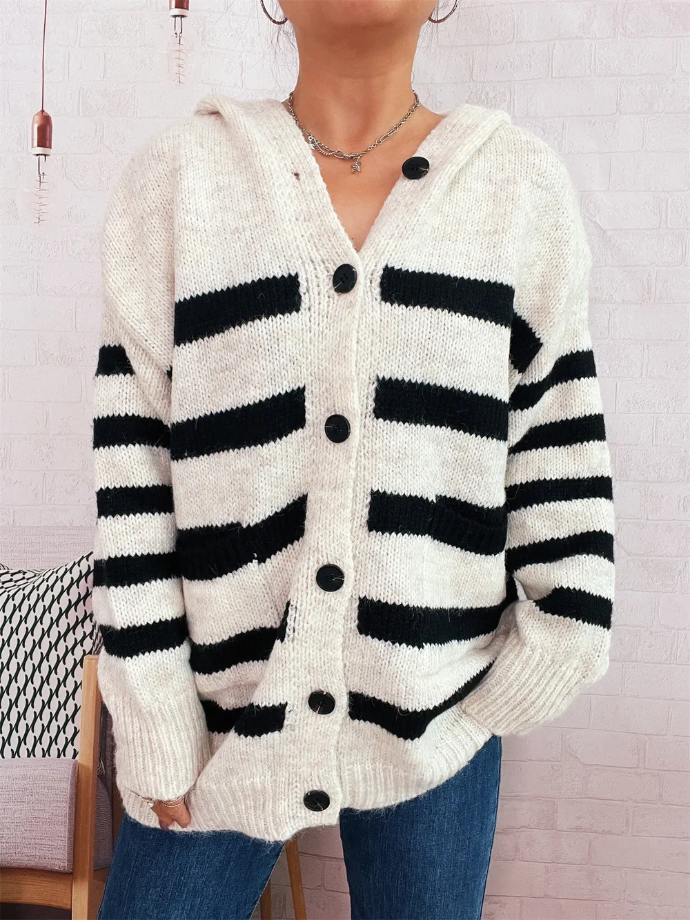 Striped Button-Up Hooded Cardigan, image 3