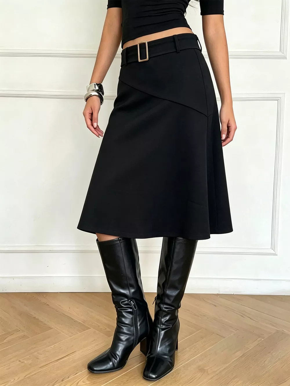High-Waisted A-Line Midi Skirt with Belted Detail