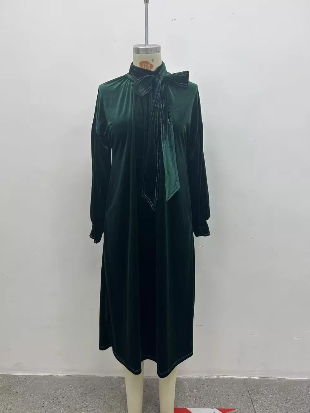 Full Size Velvet Tie-Neck Lantern Sleeve Midi Dress Plus Size, image 11