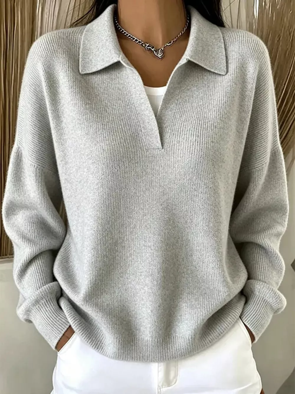 Ribbed Knit Polo Collar Sweater, image 5