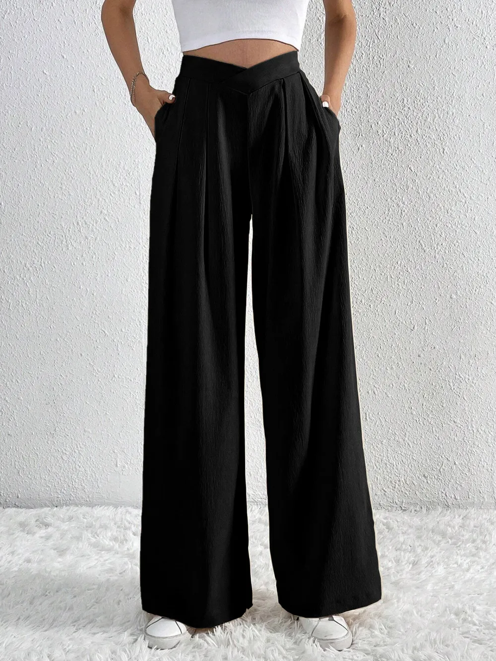 V-Waisted Ruched Front Wide Leg Pants, image 11