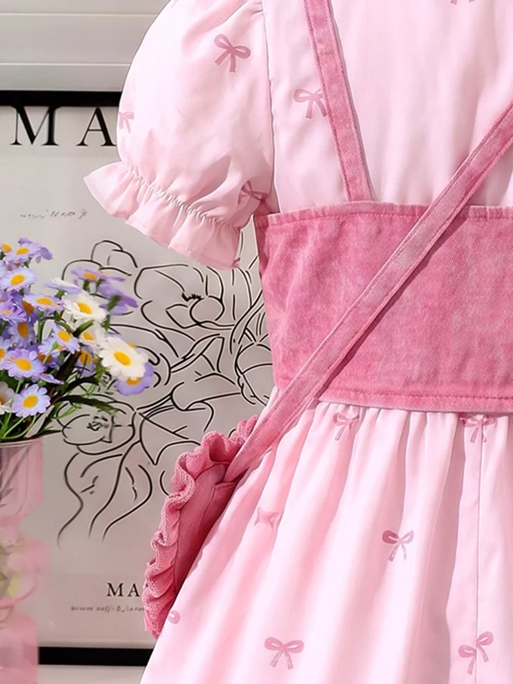 Children's Bow Print Puff Sleeve Dress and Vest Set with Heart Bag, image 4