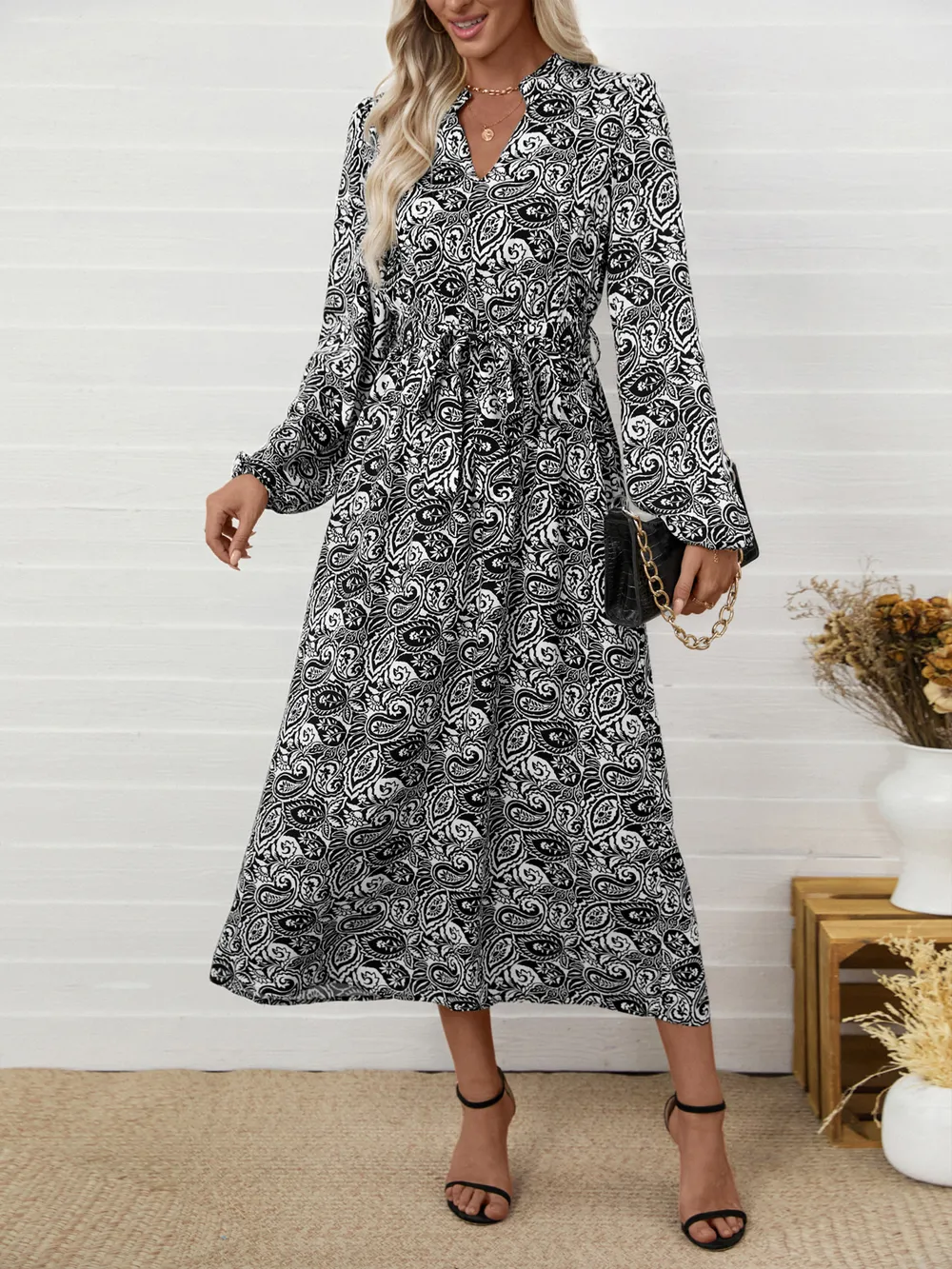 Paisley Print Long Sleeve Midi Dress, image 7