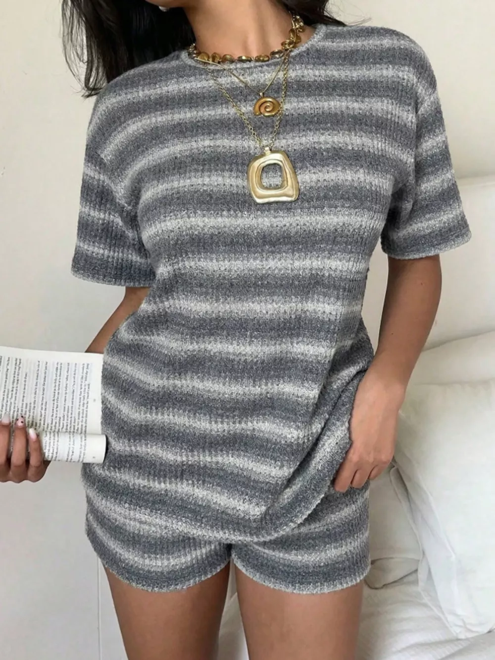 Striped Textured Knit Top and Shorts Set, image 17