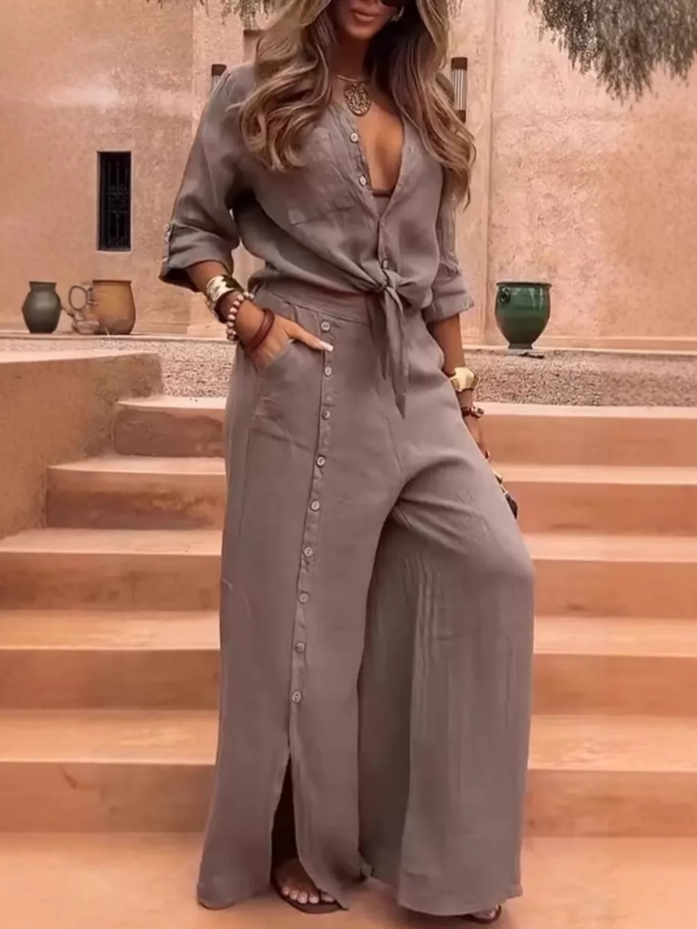 Full Size Tie-Front Shirt and Button-Down Wide-Leg Pants Set Plus Size, image 3