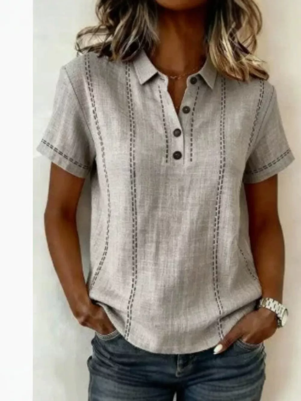 Full Size Button Detail Short Sleeve Blouse Plus Size, image 13