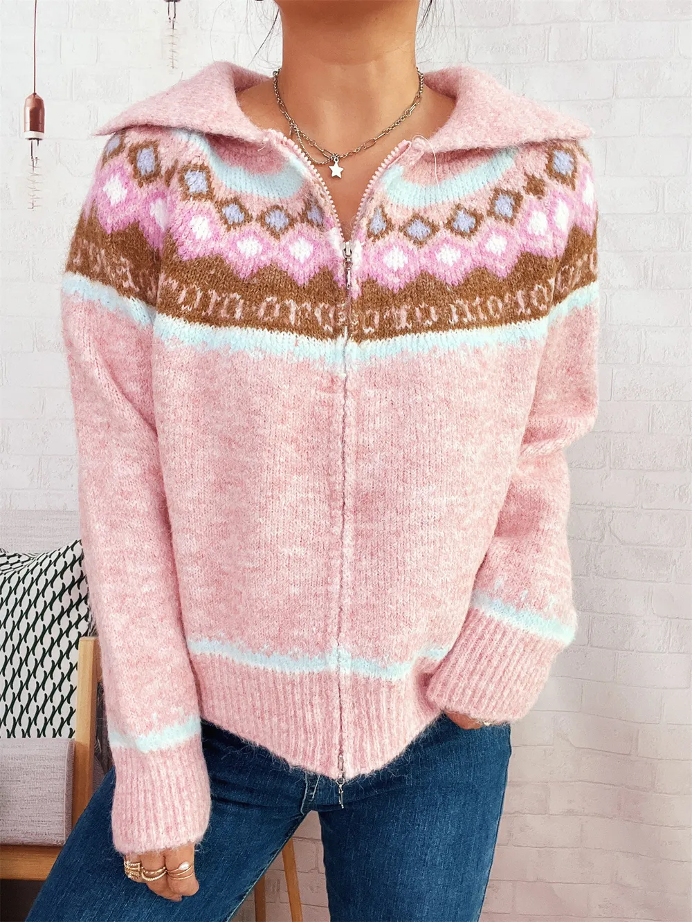 Fair Isle Pattern Zip-Up Cardigan, image 11