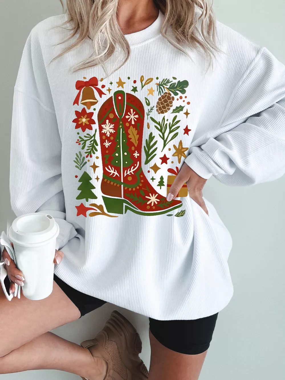 Christmas Leafy Boot Printed Corded Rib Drop Shoulder Sweatshirt