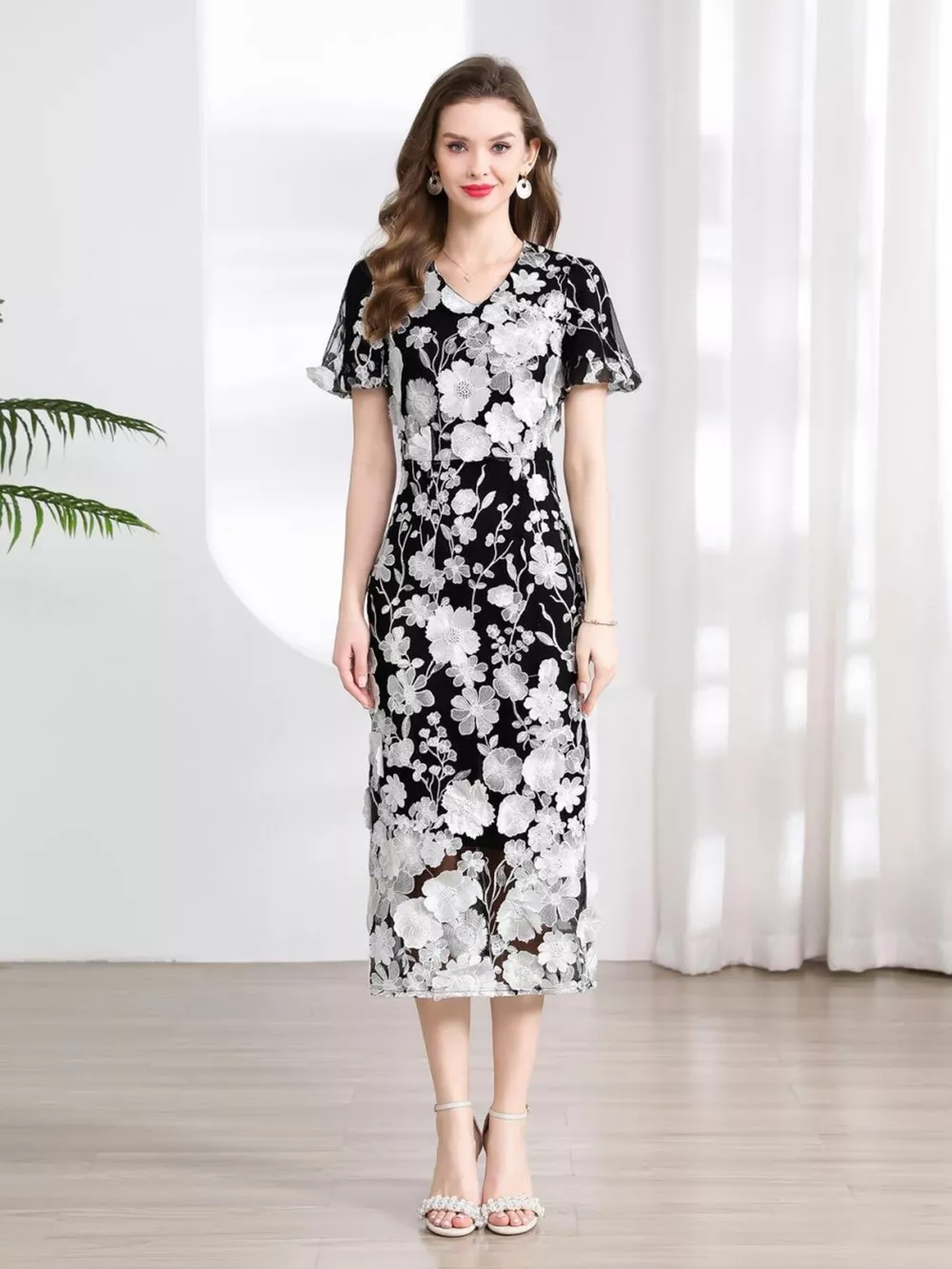Floral Embroidered Puff Sleeve Midi Dress, image 25