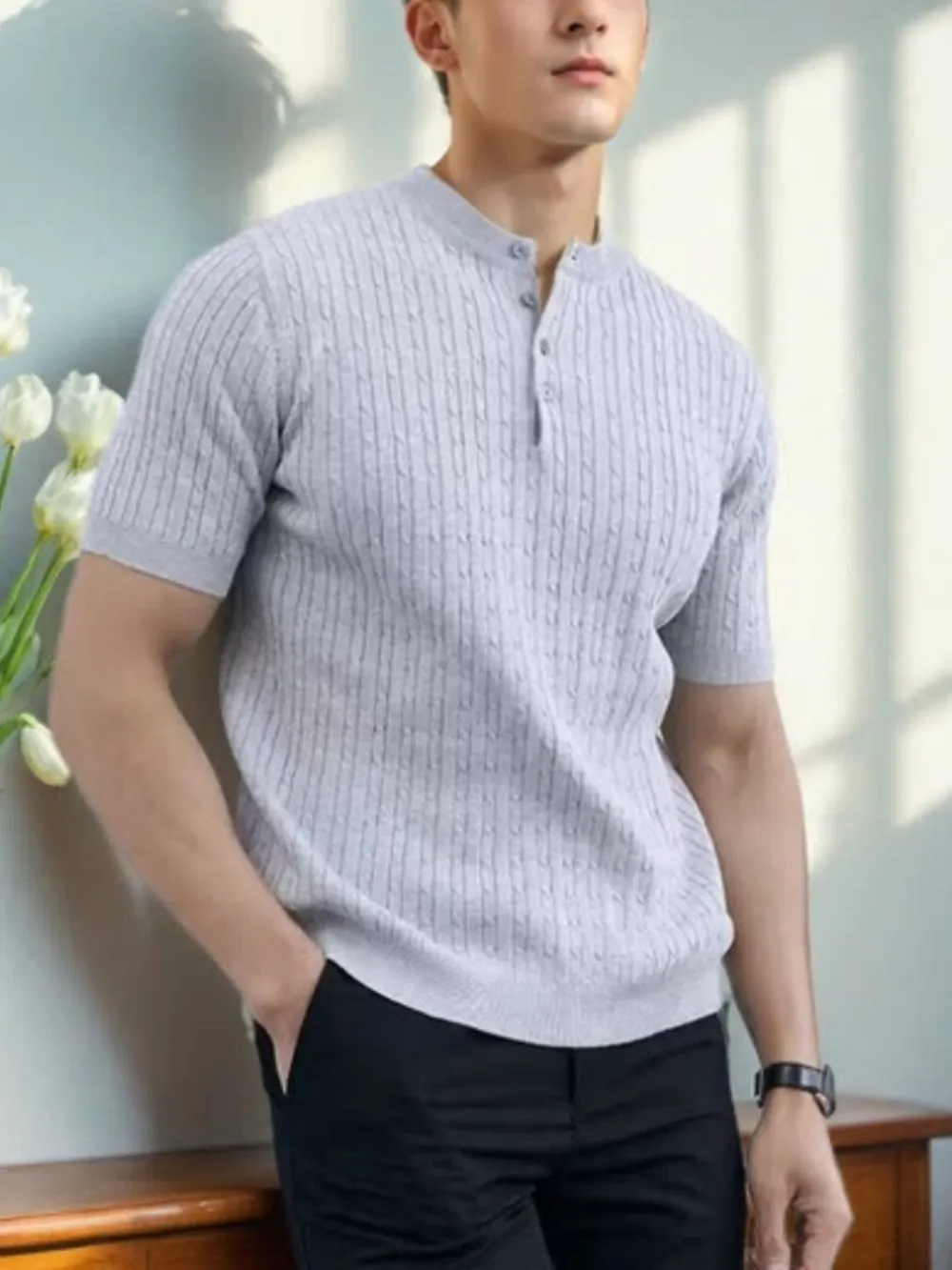 Men's Full Size Button Detail Short Sleeve Top Plus Size, image 2
