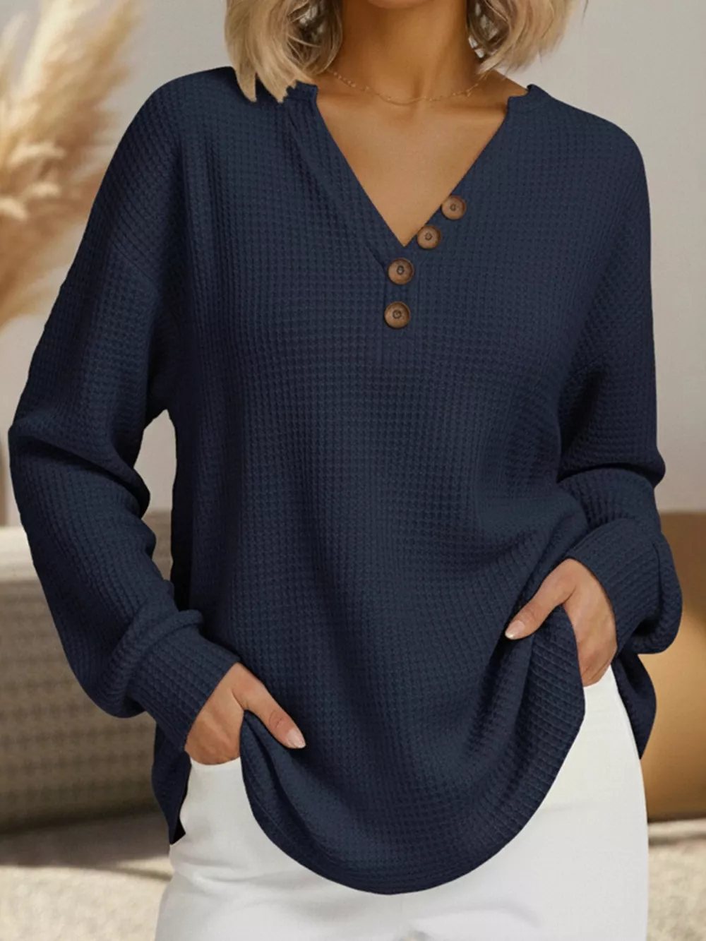 Full Size Casual Waffle Knit V-Neck Long Sleeve T-Shirt Plus Size, image 10