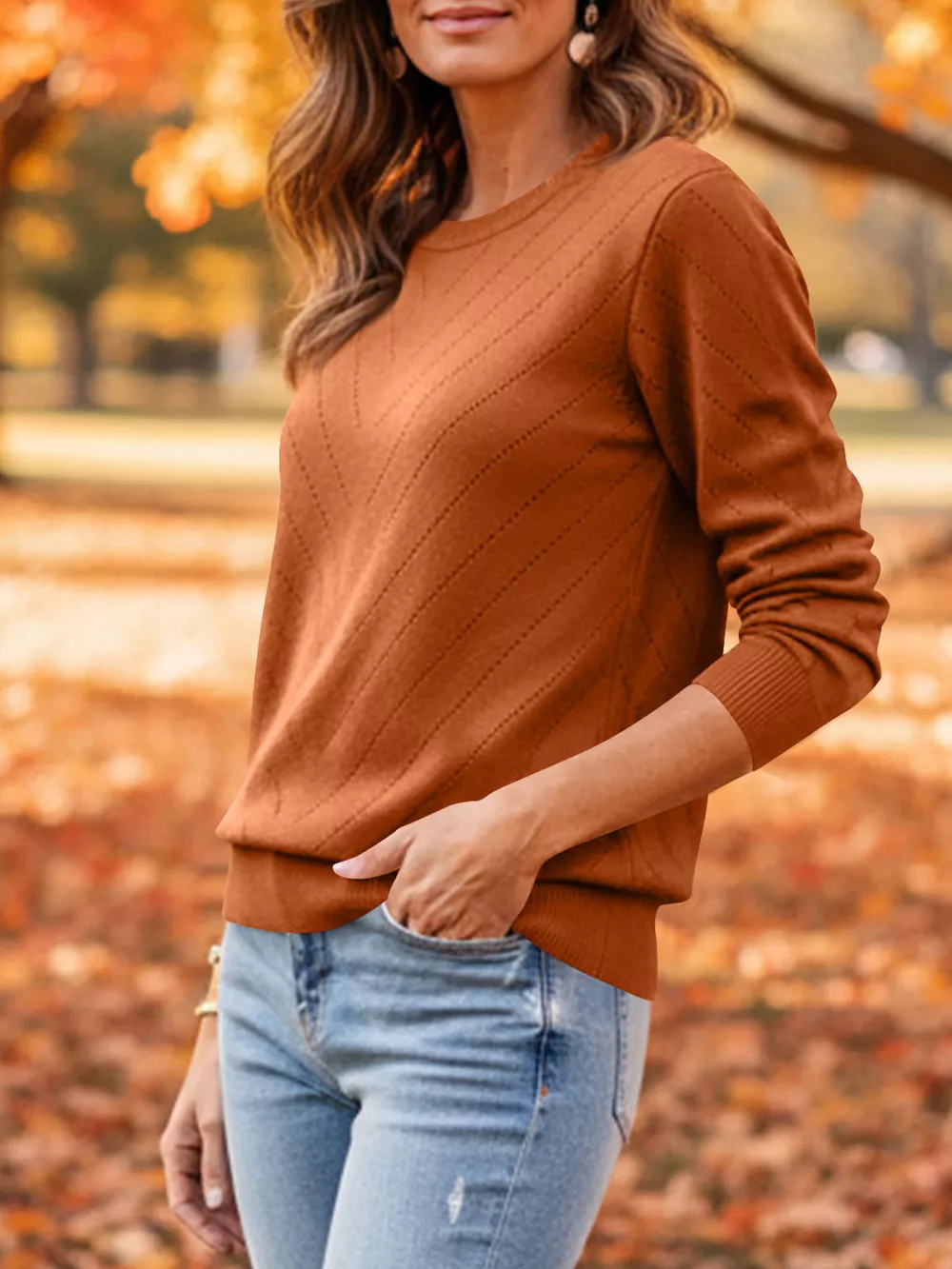Openwork Round Neck Sweater, image 7