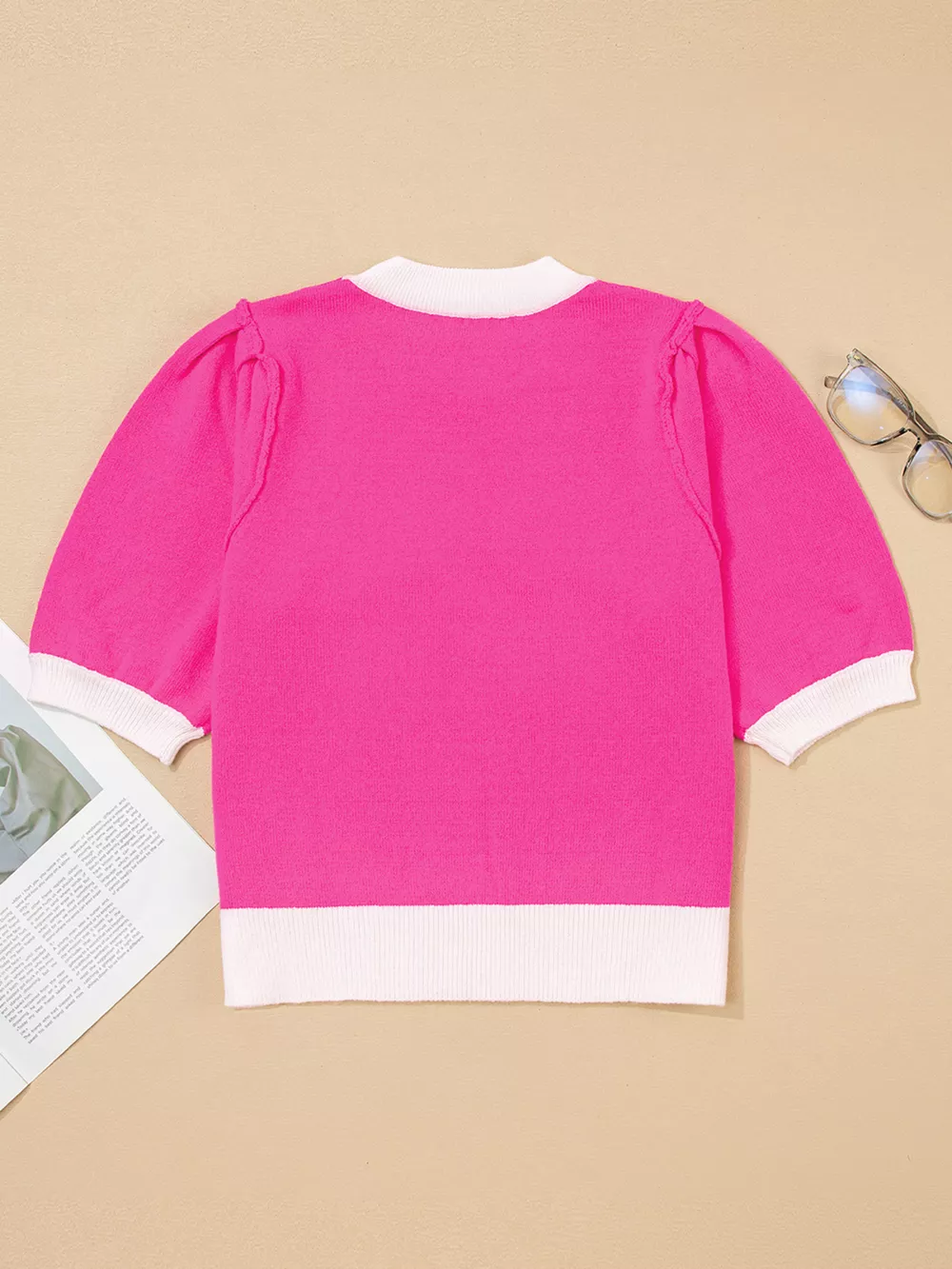 XOXO Valentines Contrast Trim Crew Neck Short Sleeve Sweater, image 5