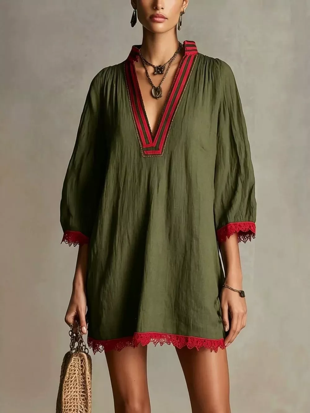 Lace Trim Notched Mini Dress