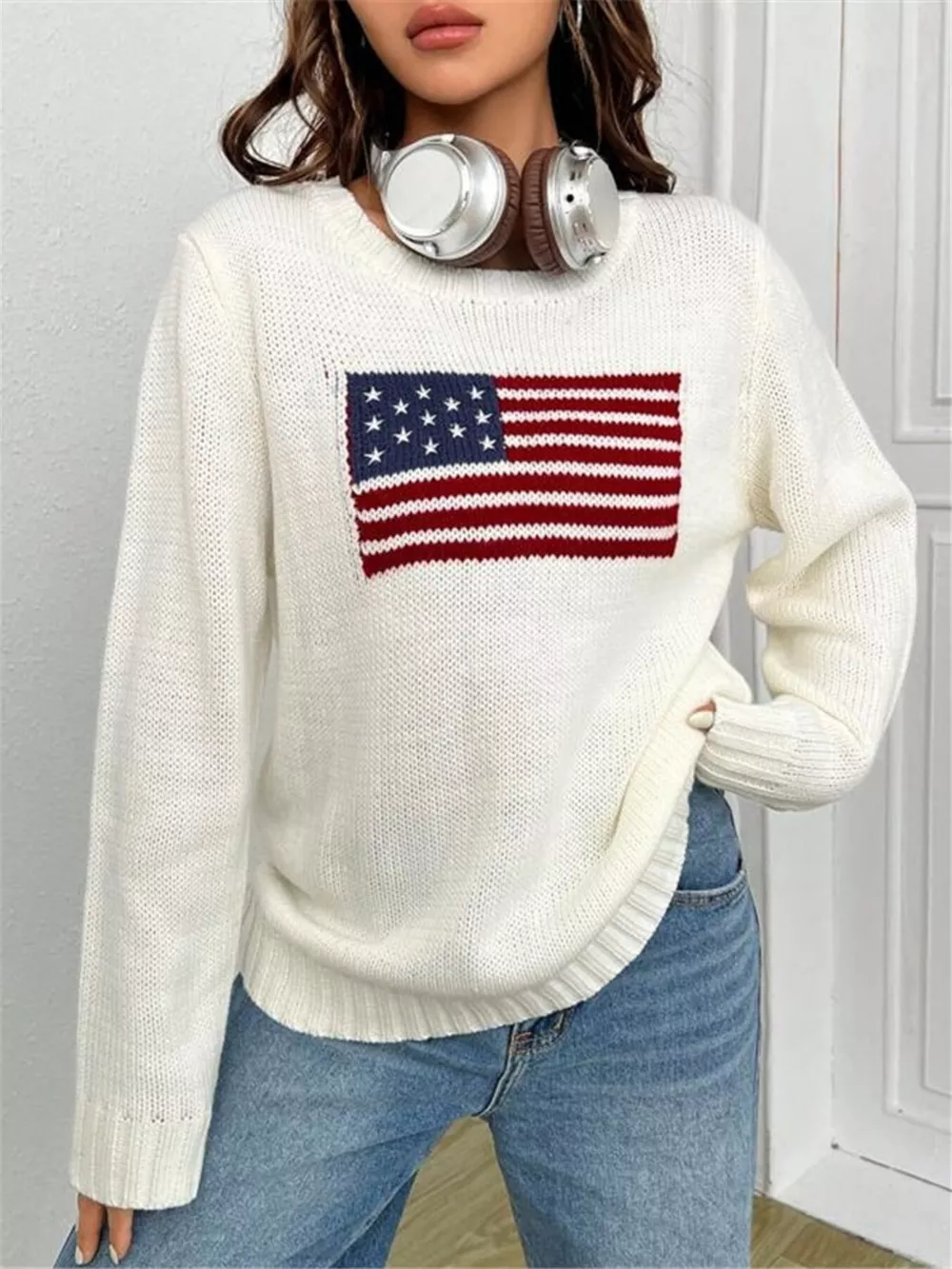 US Flag Round Neck Long Sleeve Sweater, image 2