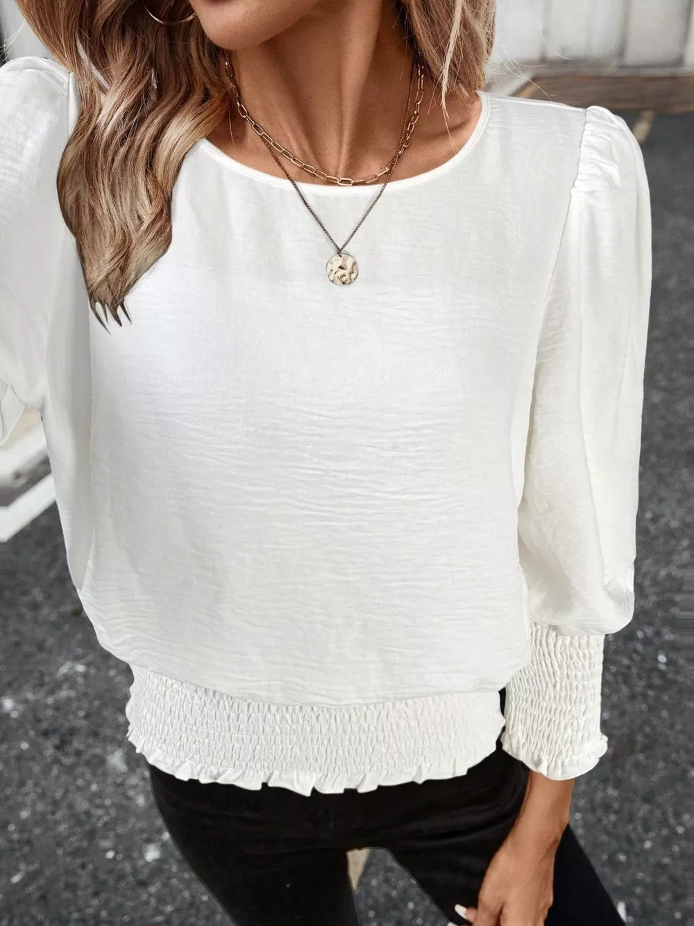 Smocked Waist Round Neck Blouse, image 24