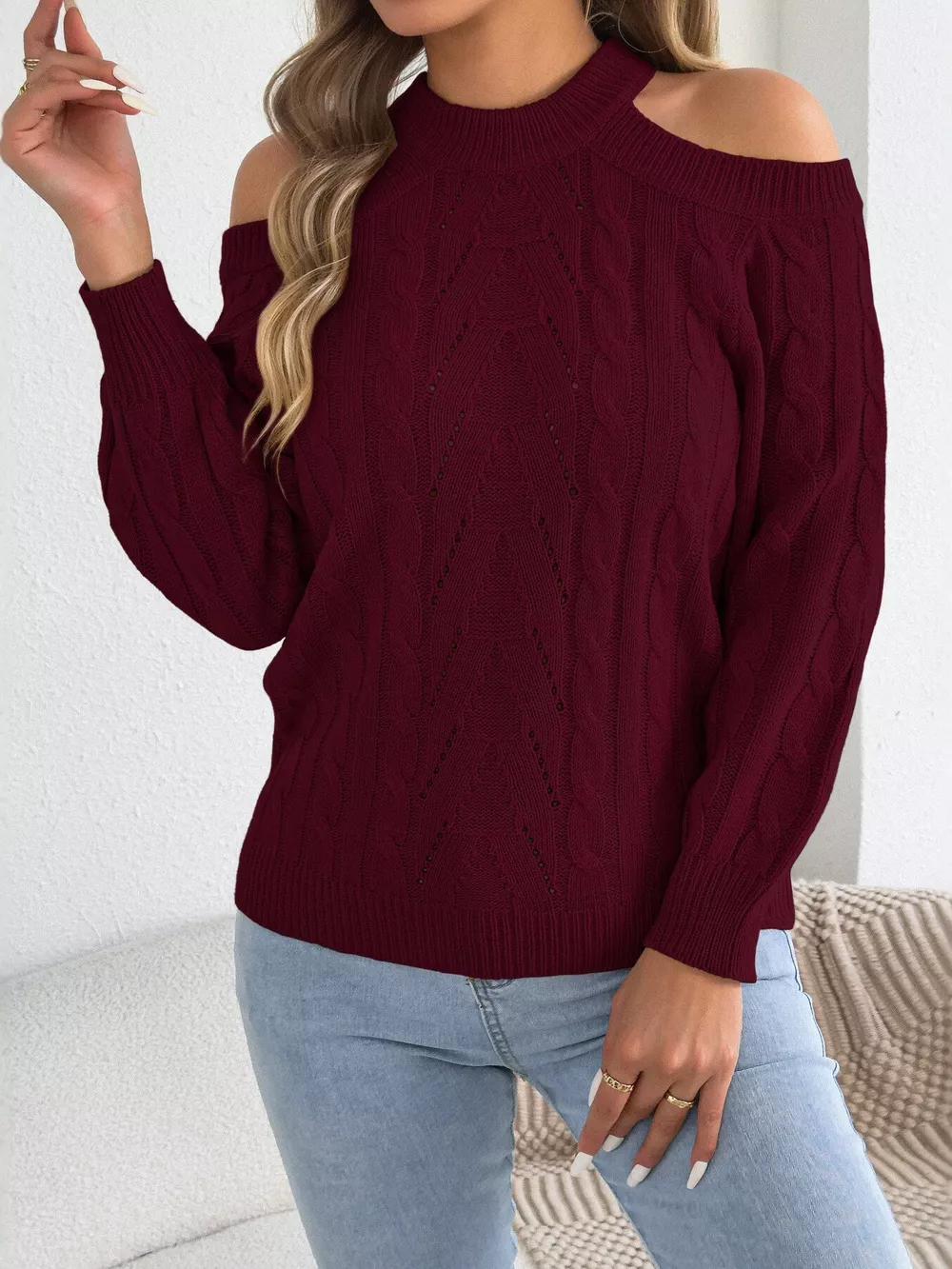 Cold Shoulder Cable Knit Sweater, image 19