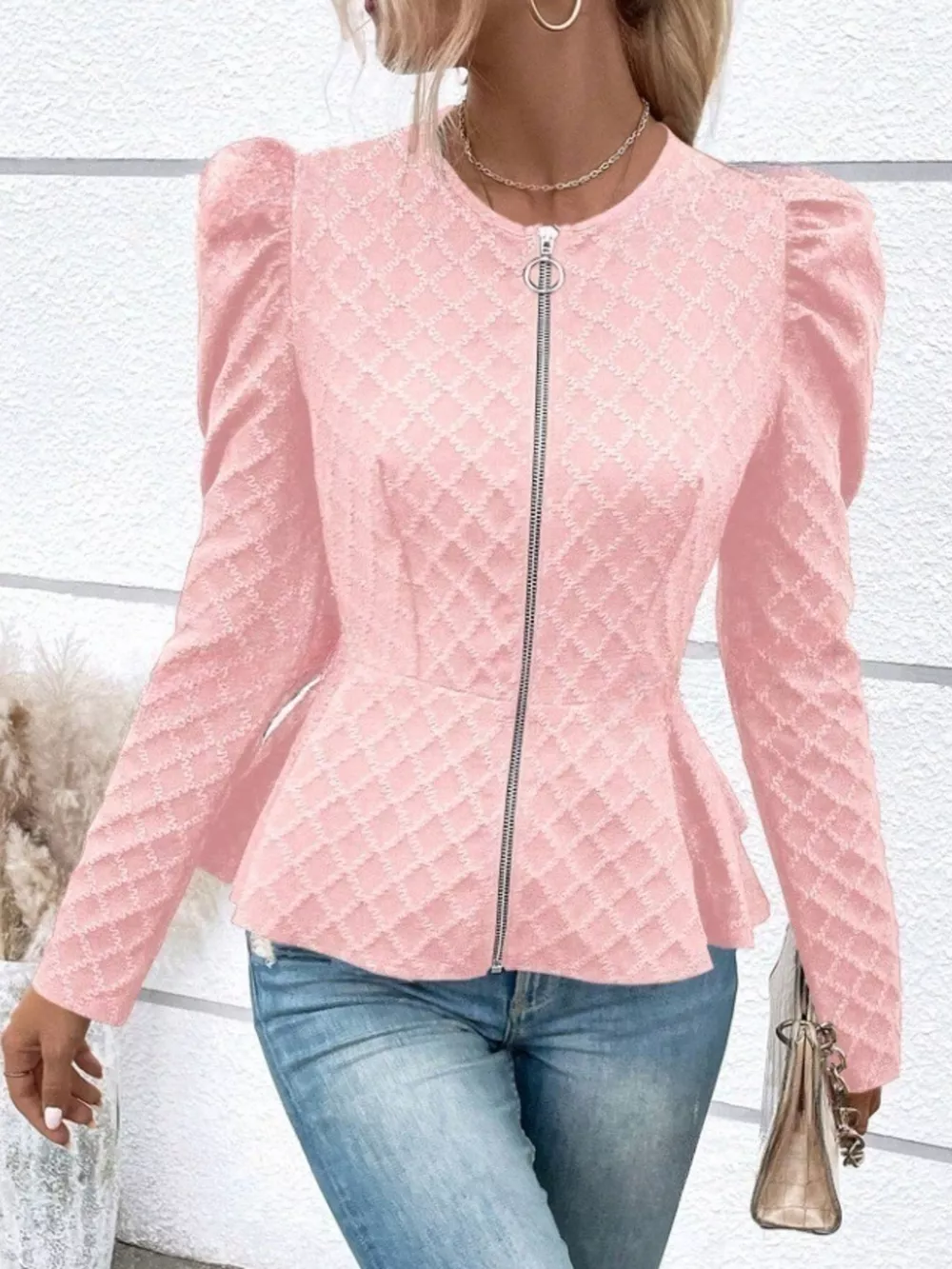 Puff Sleeve Textured Jacquard Jacket, image 8
