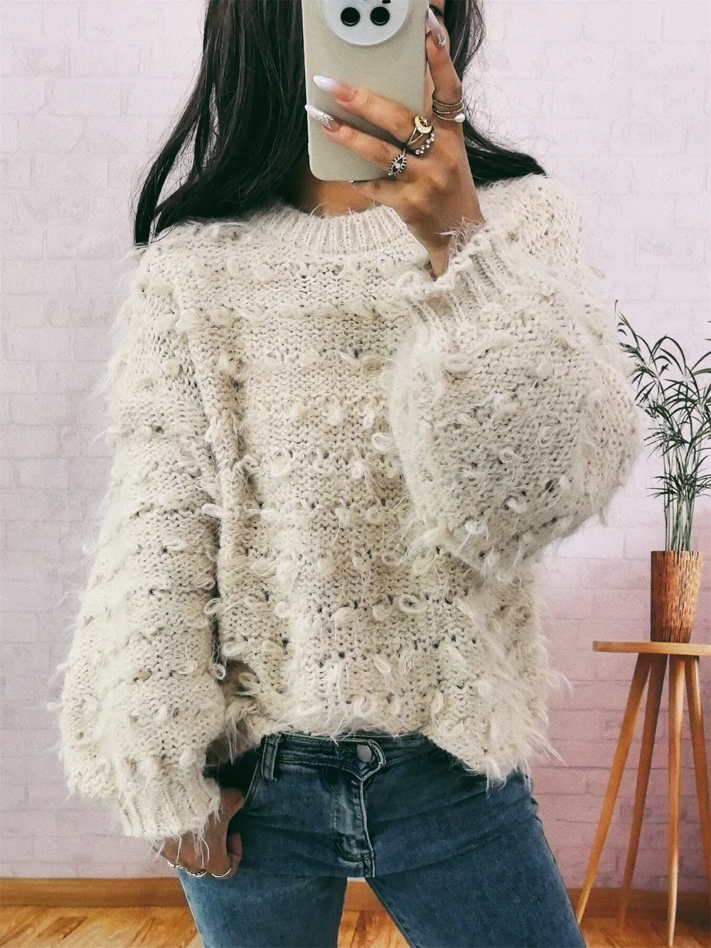 Chunky Round Neck Long Sleeve Sweater, image 2