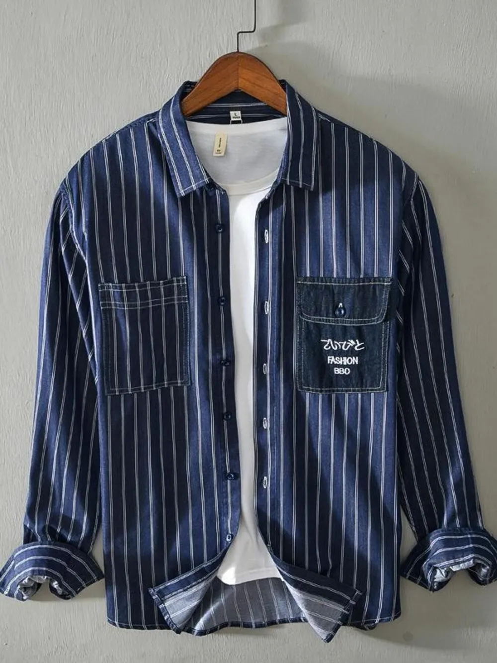 Men's Plus Size Striped Button Up Long Sleeve Shirt, image 2