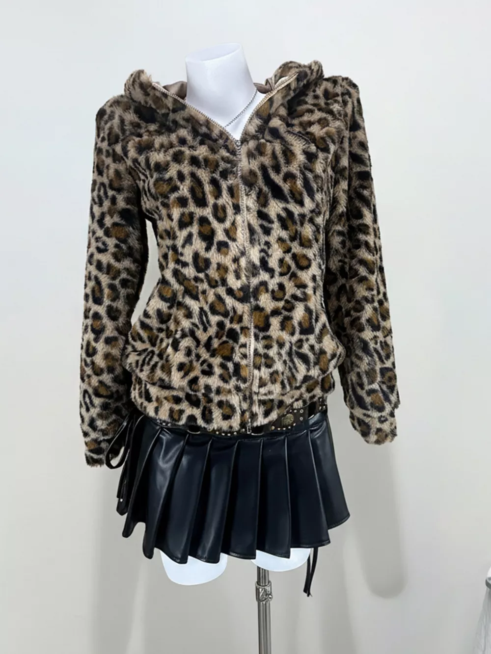 Leopard Plush Zip-Up Hooded Outerwear, image 2