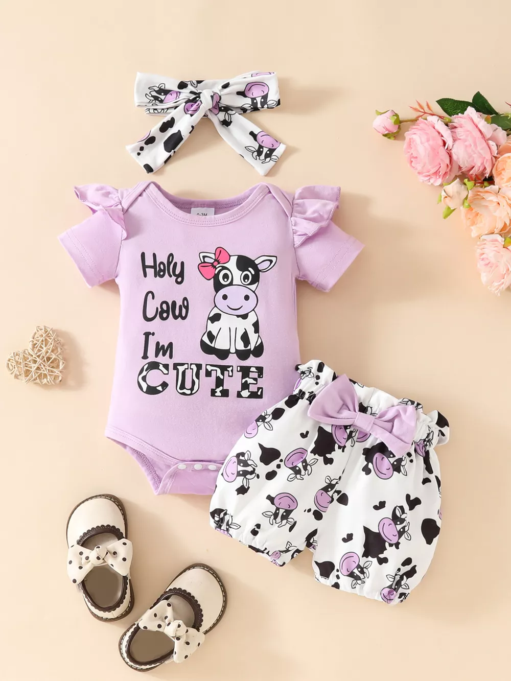 Children's Ruffled Cow Bodysuit and Shorts Set with Headband, image 7