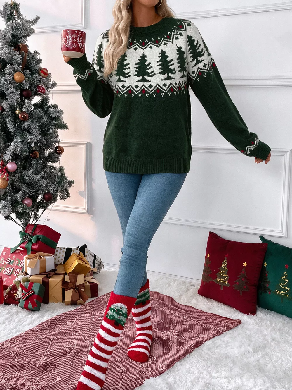 Christmas Tree Pattern Round Neck Sweater, image 6