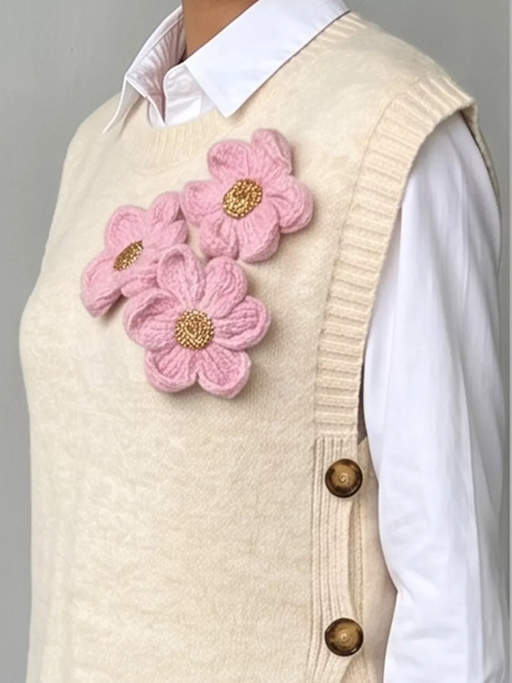 Side Button Sweater Vest with 3D Floral Appliques, image 9