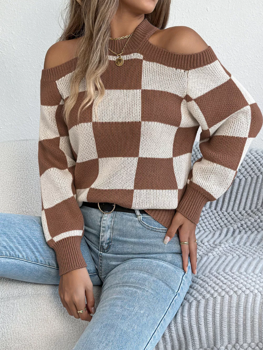 Cold Shoulder Checkered Long Sleeve Sweater, image 14