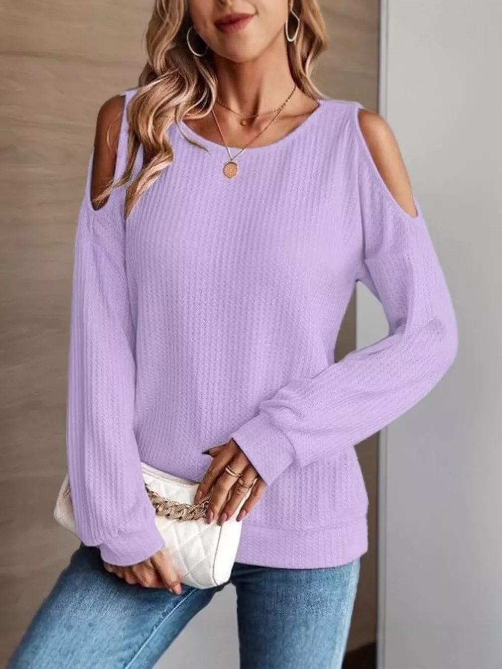 Solid Color Cold Shoulder Long Sleeve T-Shirt, image 6